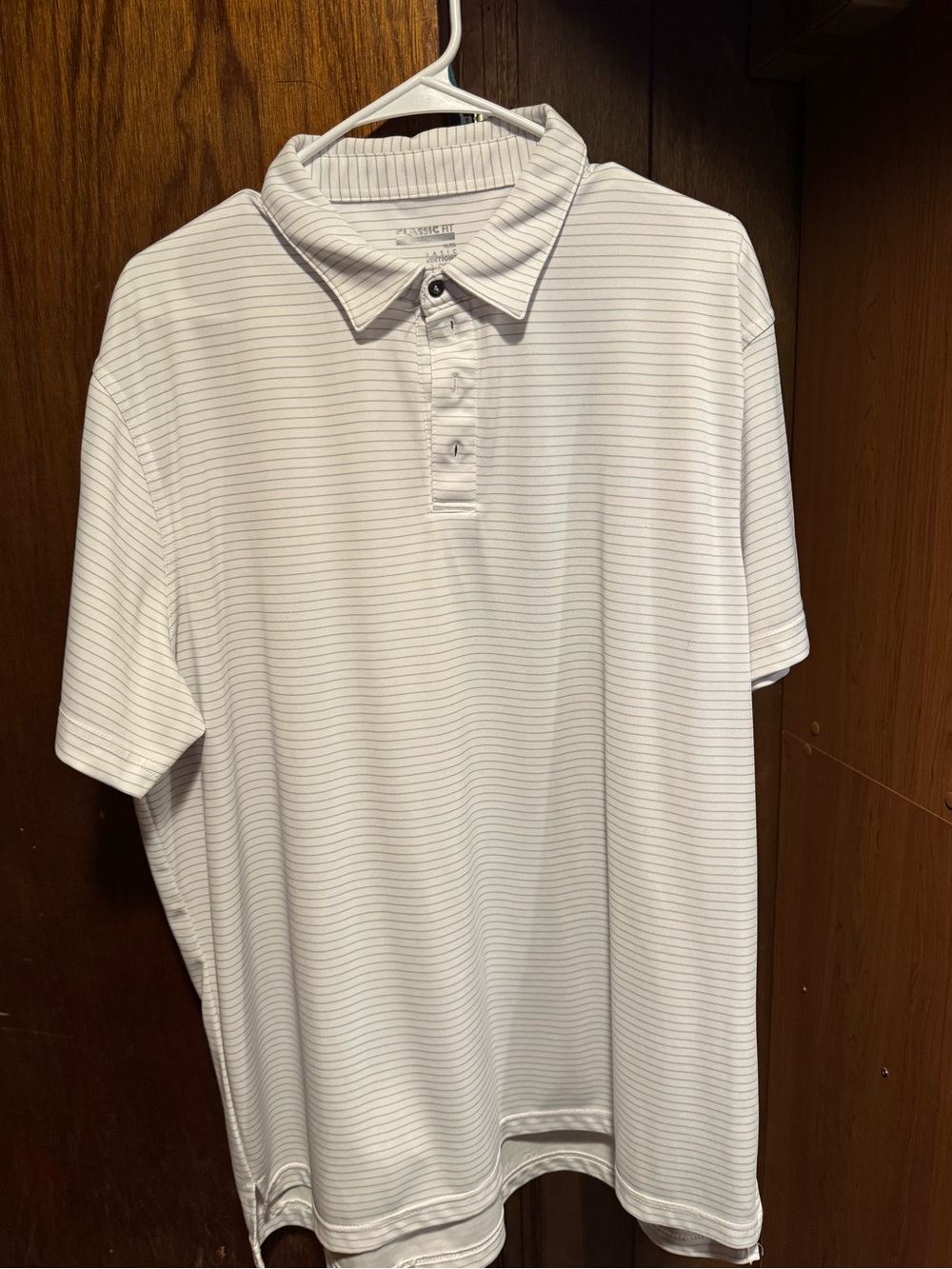 Basic Editions White Polo with Thin Gray Pinstripes